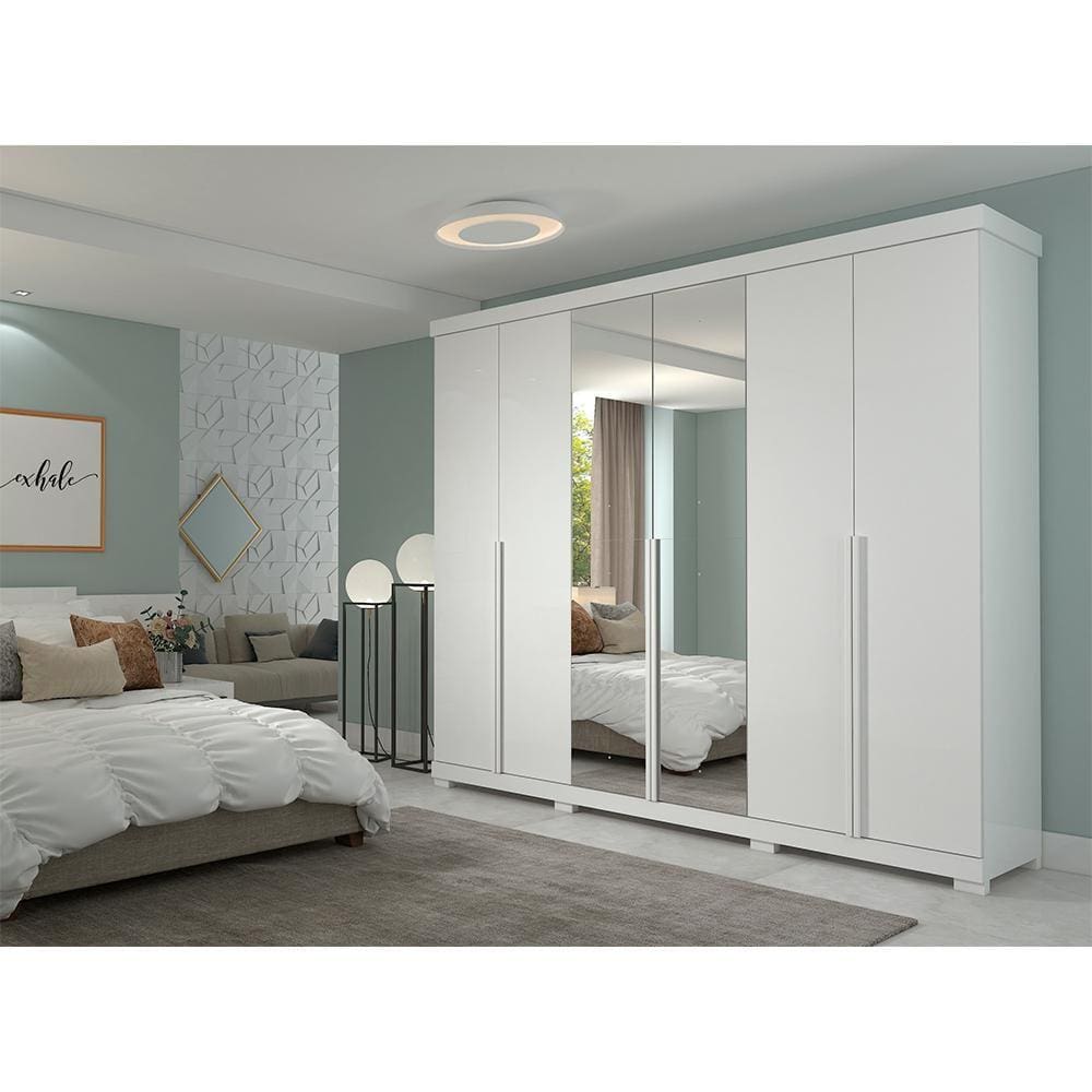 Guarda Roupa Casal em MDF 6 Portas com Espelhos e Pés Guarapari Panan Móveis Branco
