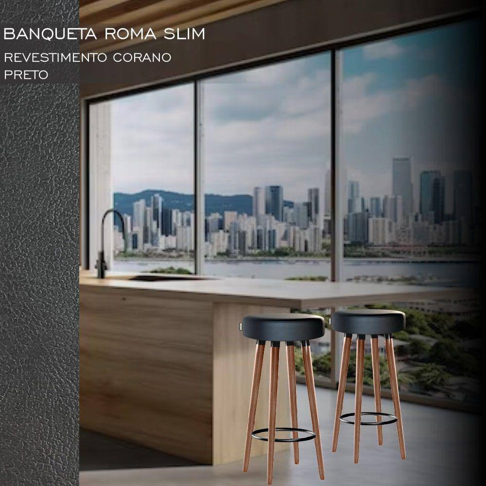 3 Bancos Banquetas Roma Slim Redonda Alta 70cm Preto