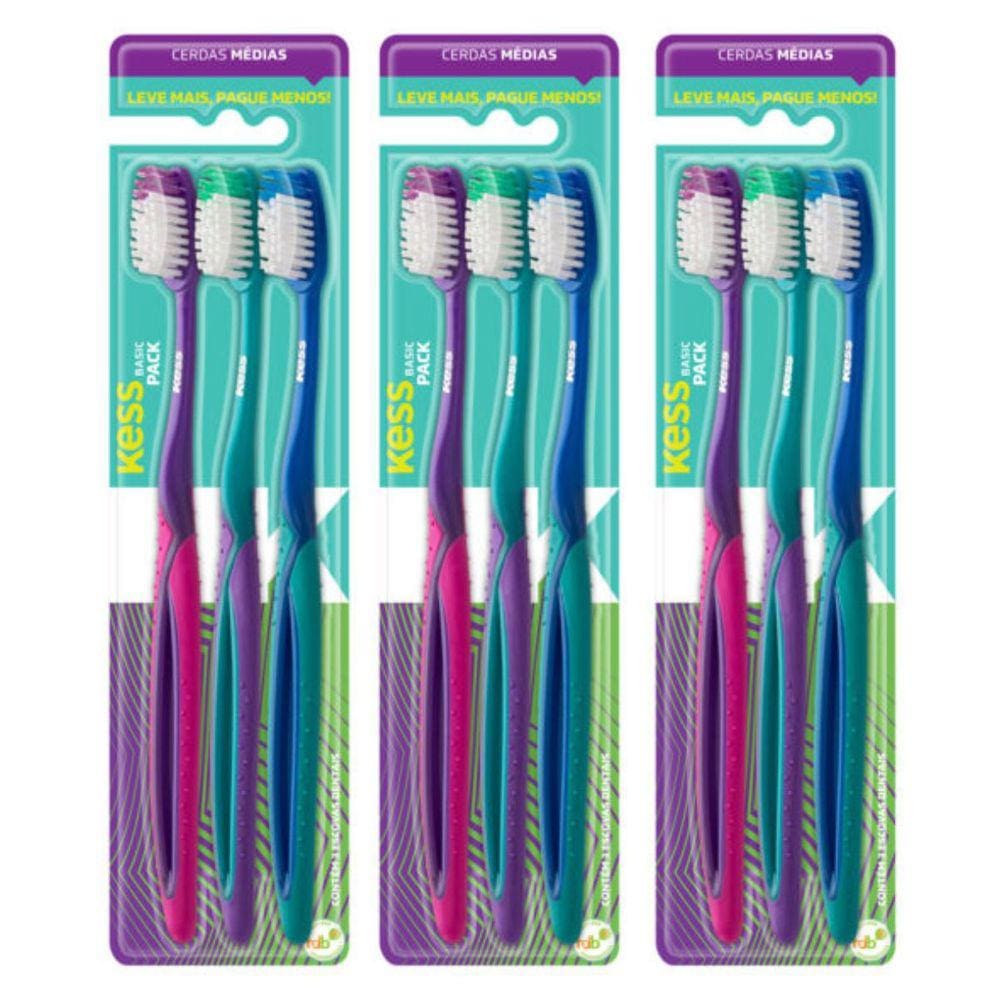 Kit Escova Dental Kess Basic Plus Cerdas Médias Cód.2564 C/3