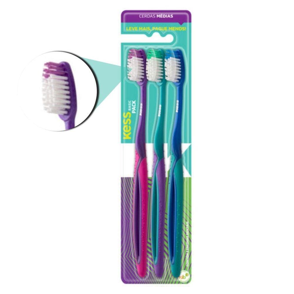 Escova Dental Kess Basic Plus Cerdas Médias C/3 Cód.2564