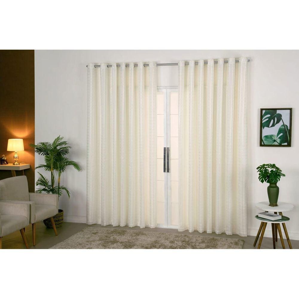 Cortina Voil Xadrez 6X2,50 C/Forro Microfibra P Varão Palha