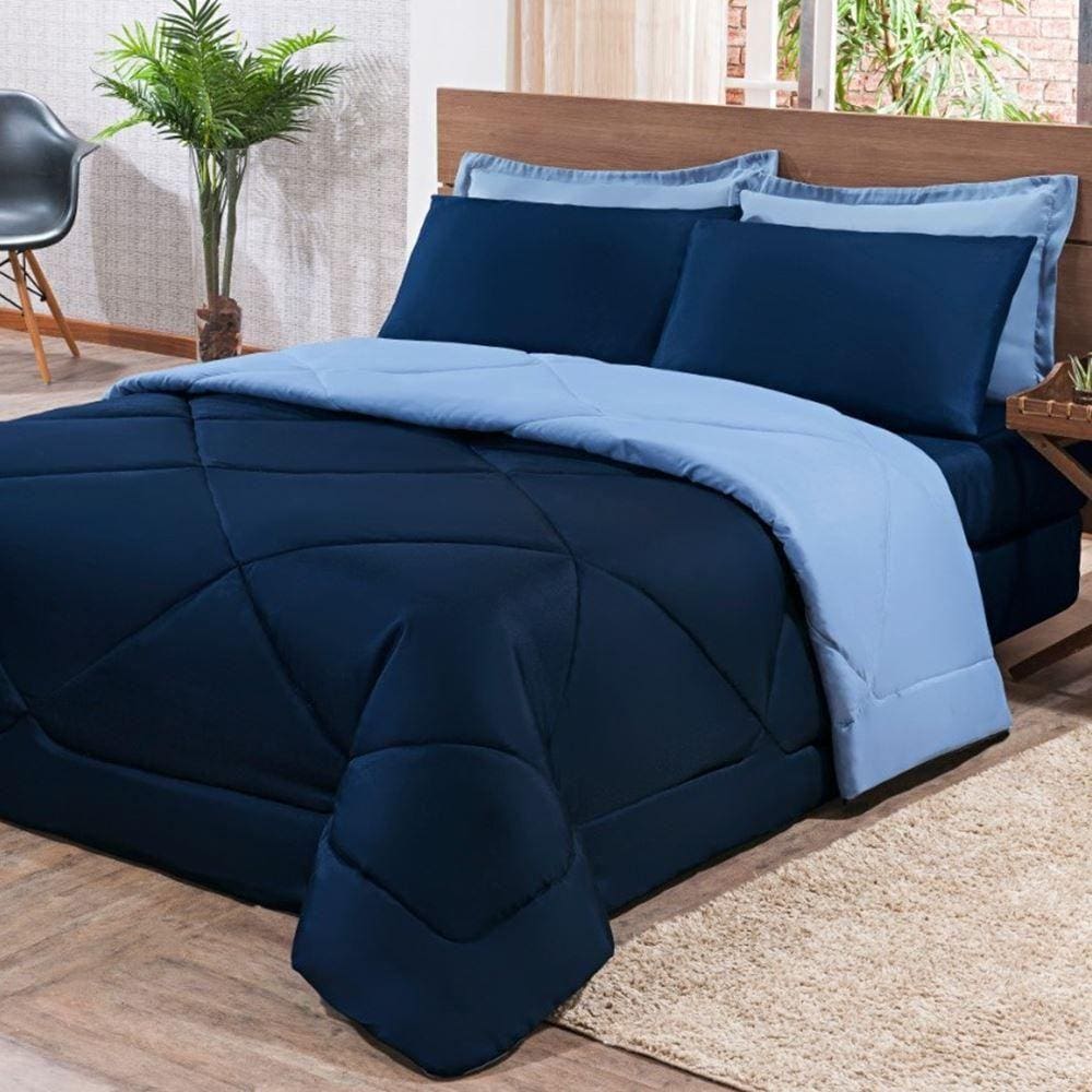 Kit Edredom + Jogo De Lençol Aconchego Look House Dupla Face Solteiro 04 Peças - Azul Marinho E Azul