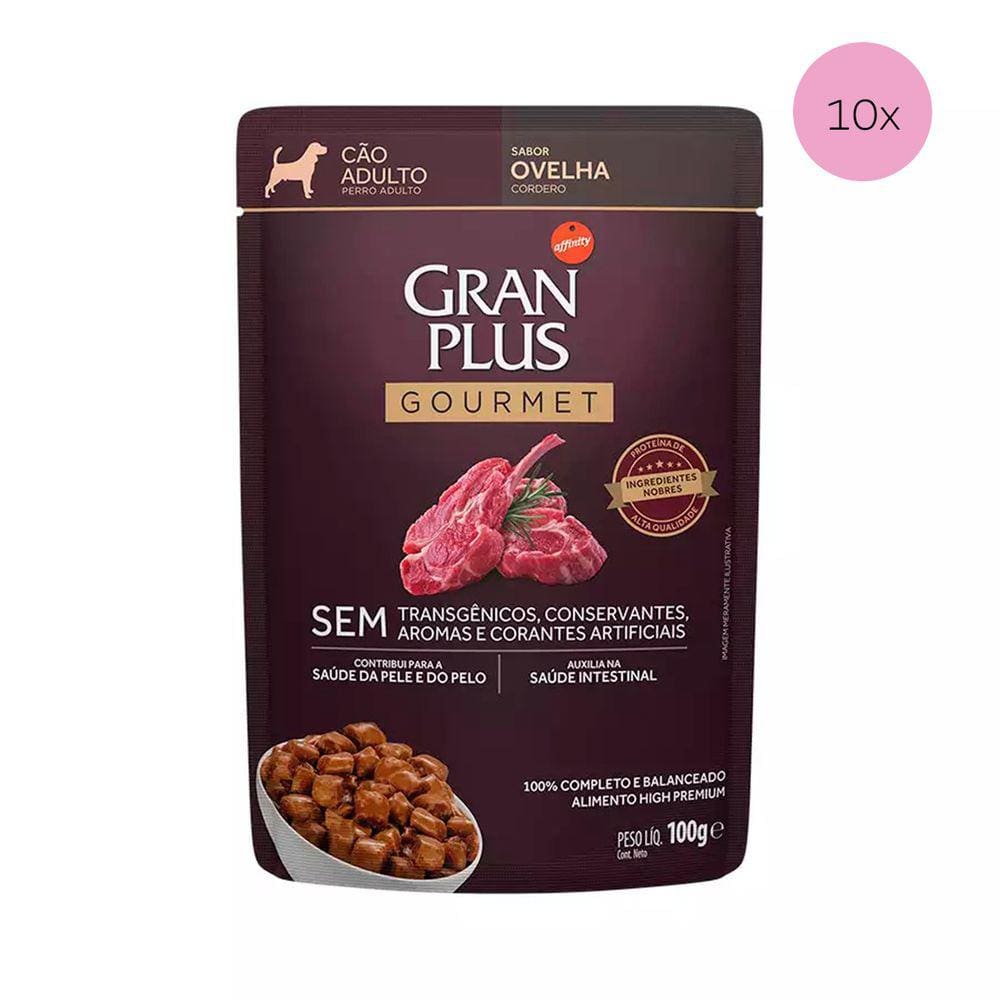 KIT 10 Ração Úmida Gran Plus Gourmet Cães Adultos Ovelha Sachê 100g