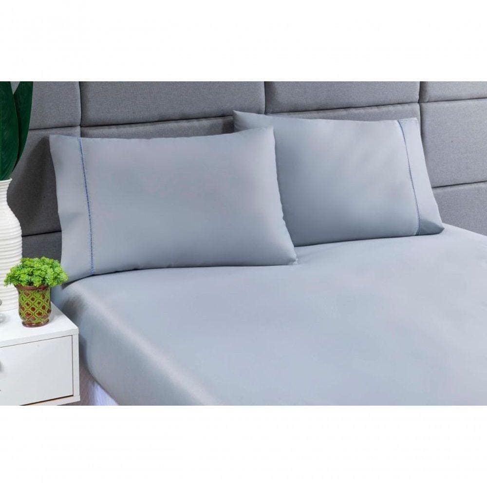 Jogo Lençol 400 Fios Ponto Palito Cama Queen 3pçs Poliéster - Cinza