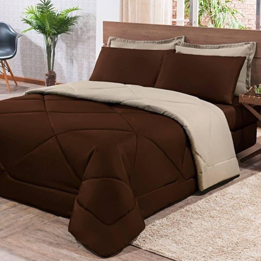 Kit Edredom + Jogo De Lençol Aconchego Look House Dupla Face Casal Queen 06 Peças - Marrom E Caqui