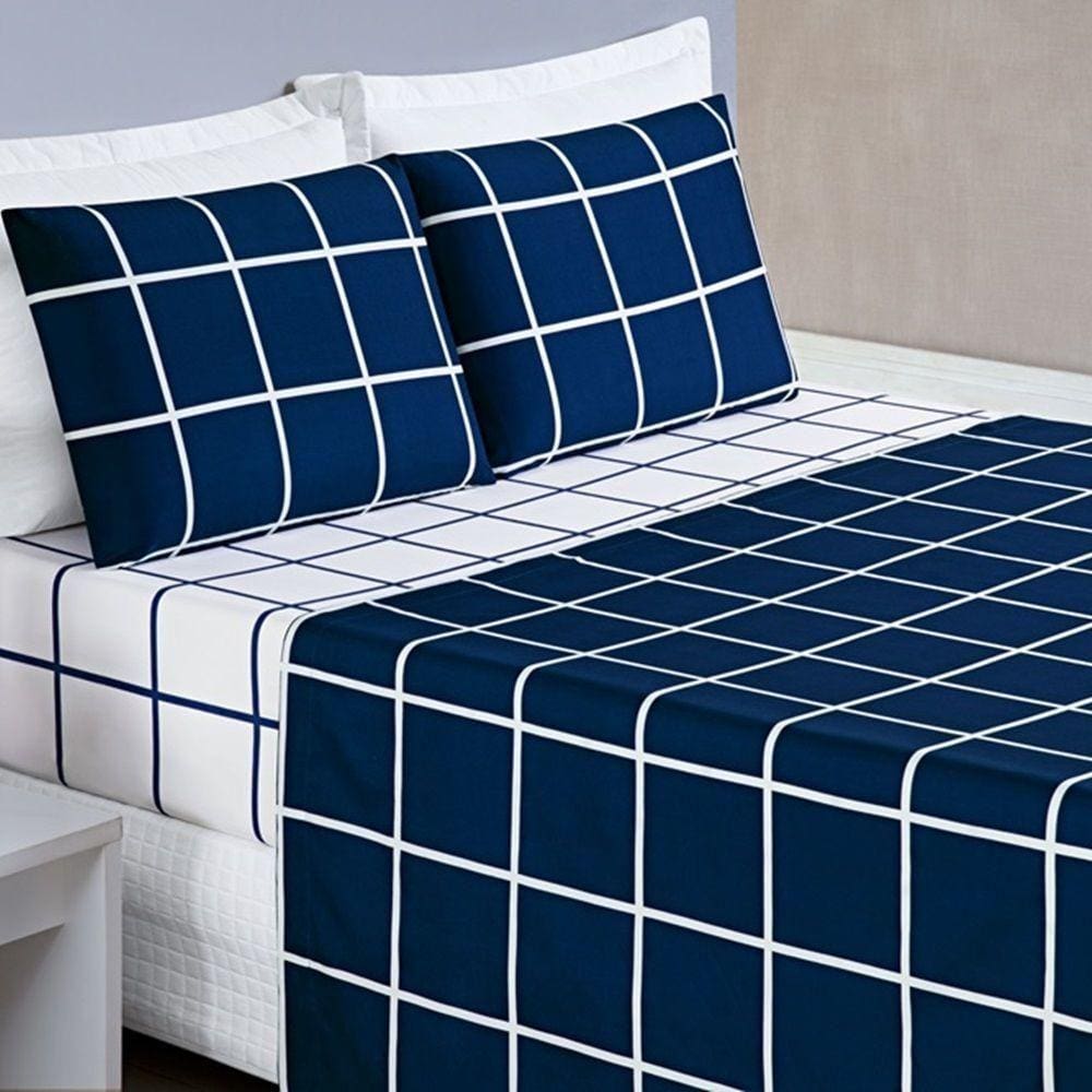 Jogo De Cama Com Lençol De Cima 200 Fios Austin Queen 04 Peças - Marinho