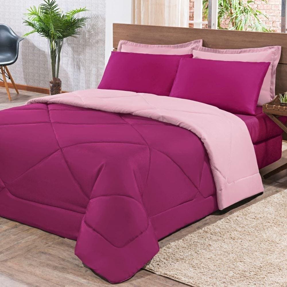 Kit Edredom + Jogo De Lençol Aconchego Look House Dupla Face Solteiro 04 Peças - Pink E Rosa