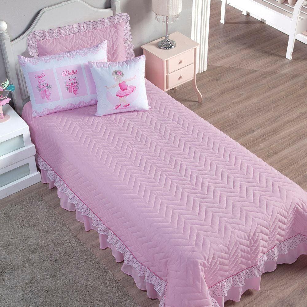 Cobre Leito Com Babado Bordado Ballet Solteiro 5 Peças - Rosa