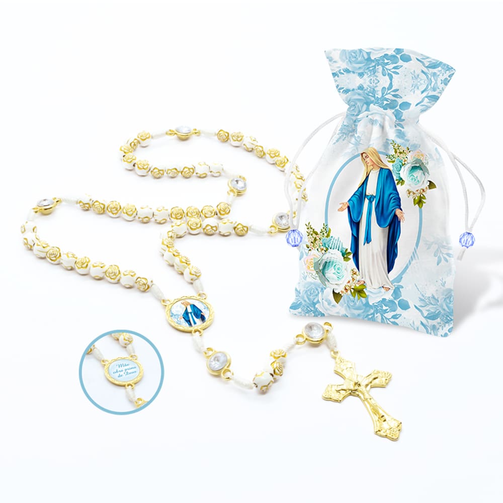 Terço Nossa Senhora das Graças no Saquinho de Tecido Estampado 8mm