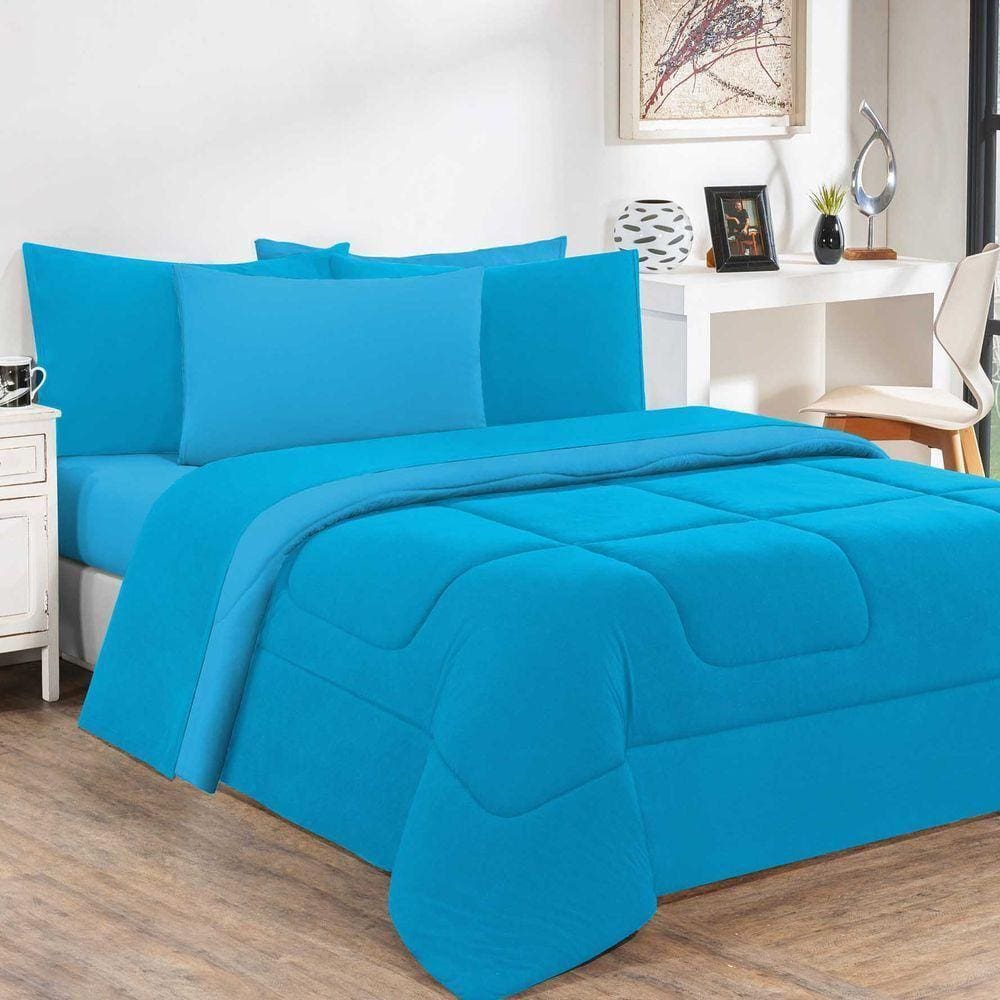 Kit EdredomJogo De Lençol Malha 100% Algodão 6 Peças Casal - Azul Turquesa-azul Turquesa