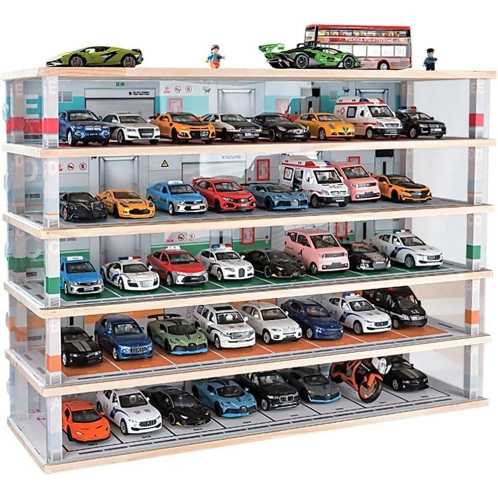 Simulação de brinquedos de várias camadas montados em garagem