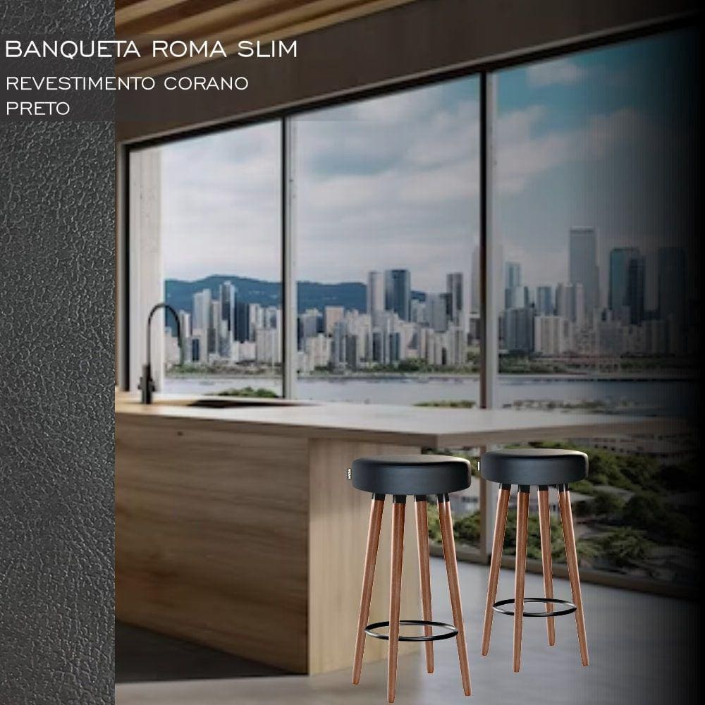 4 Bancos Banquetas Roma Slim Redonda Alta 70cm Preto