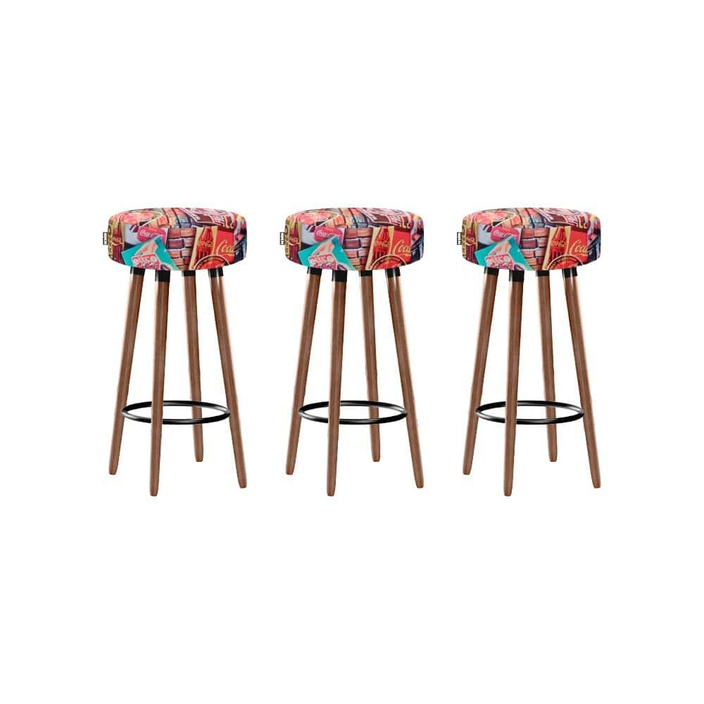 Kit 3 Banquetas Alta Pés Palito Roma Coca Cola 70cm