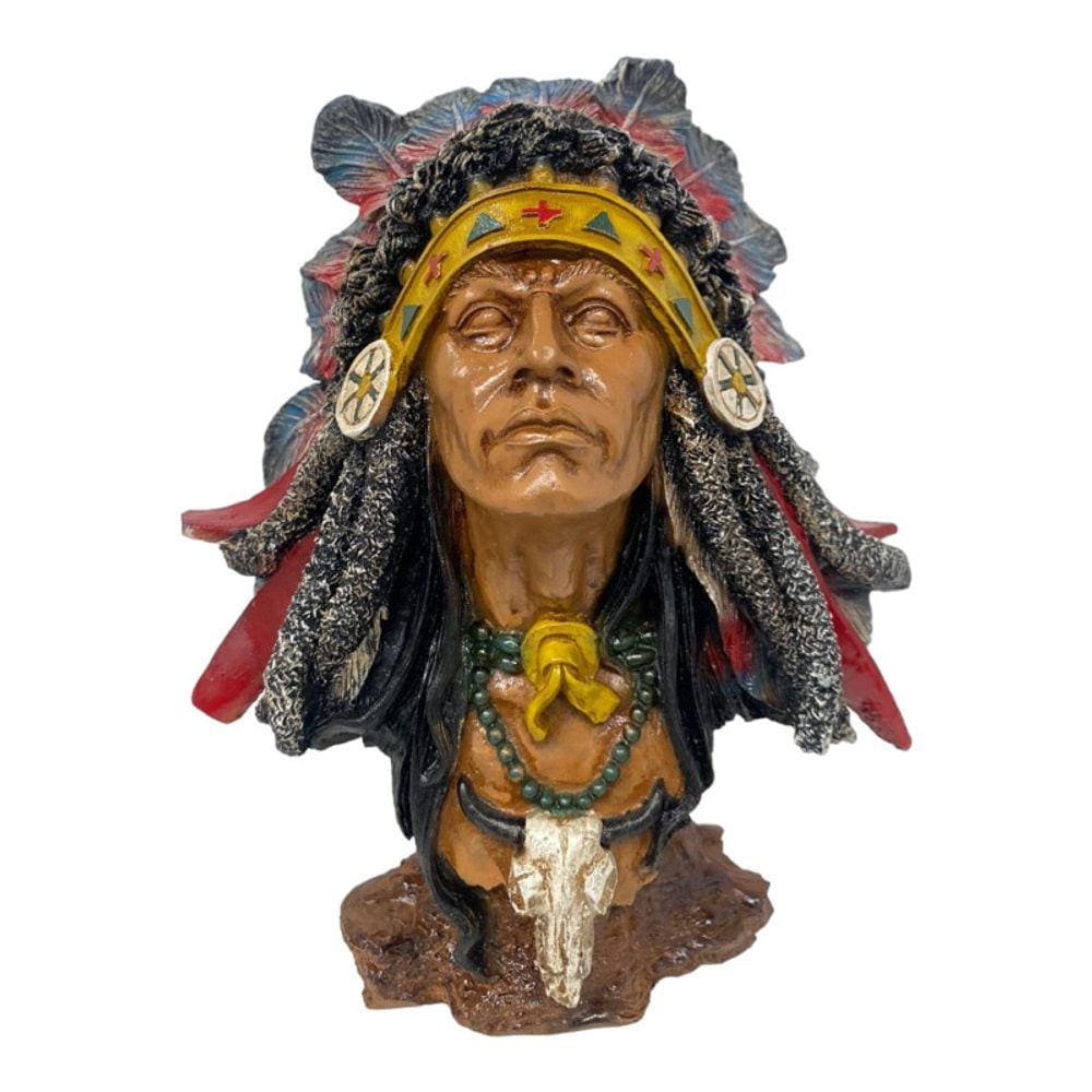 Escultura Busto Índio Guerreiro Cocar Xamã 26 cm em Resina