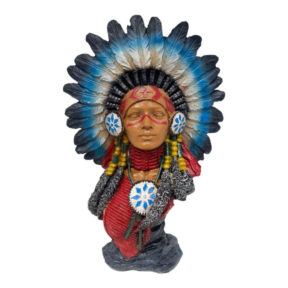 Escultura Busto Índia Cocar de Pena Colorida 29 cm em Resina