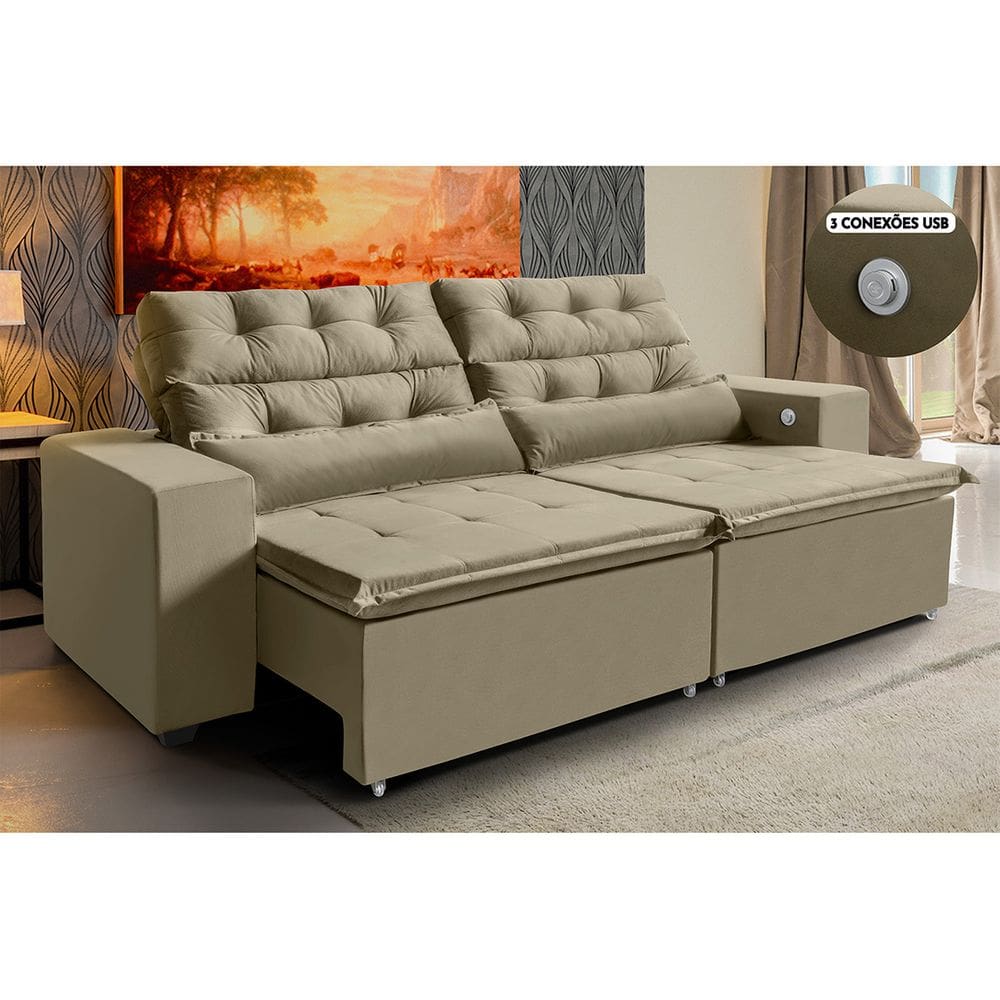 Sofá América 2,52 m 3 Lugares Tecnologia Carregamento 3 portas USB Retrátil e Reclinável - WS ESTOFADOS