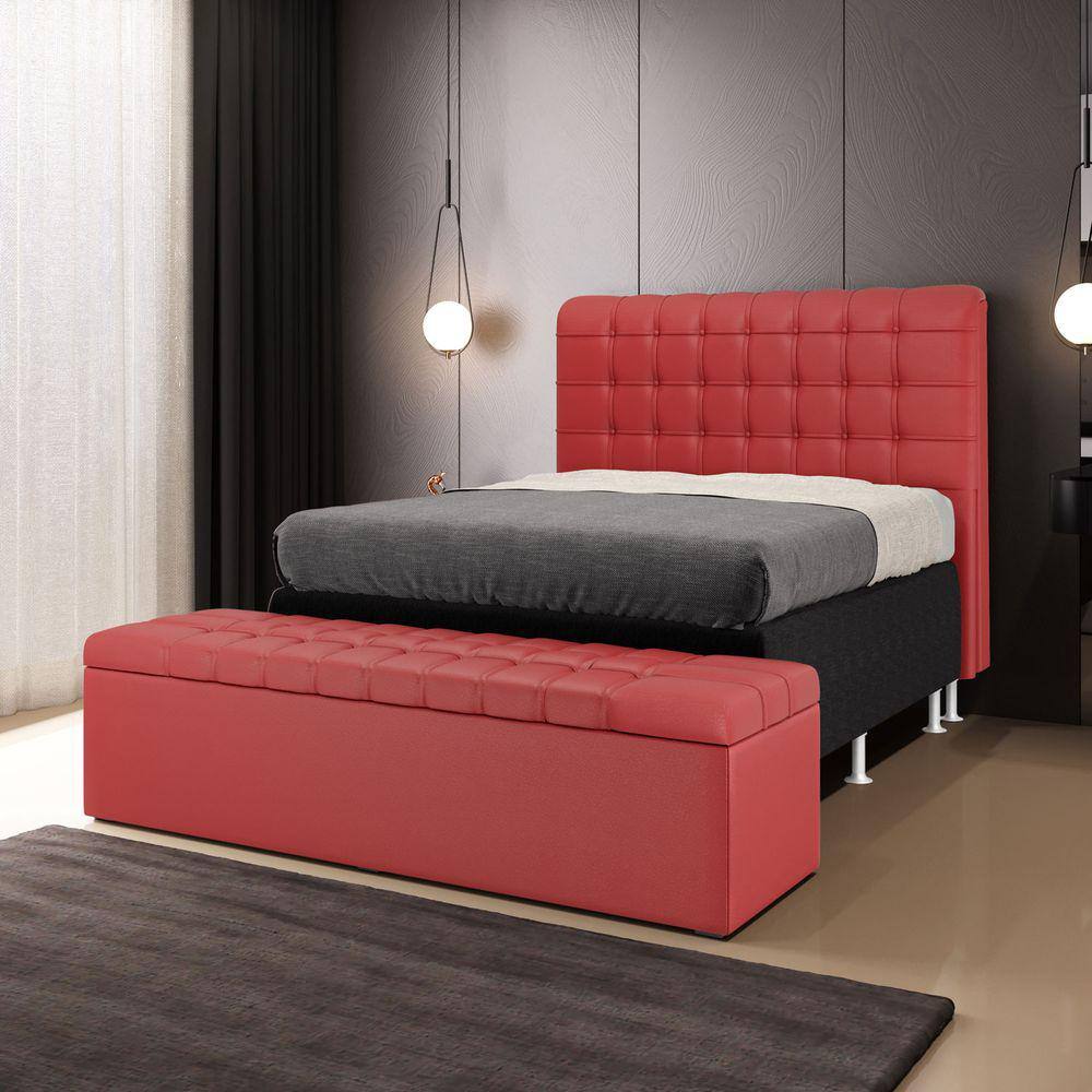 Kit Cabeceira Rana 140 Casal e Calçadeira Alpha A-020 Couro Artificial Vermelho Aradecor