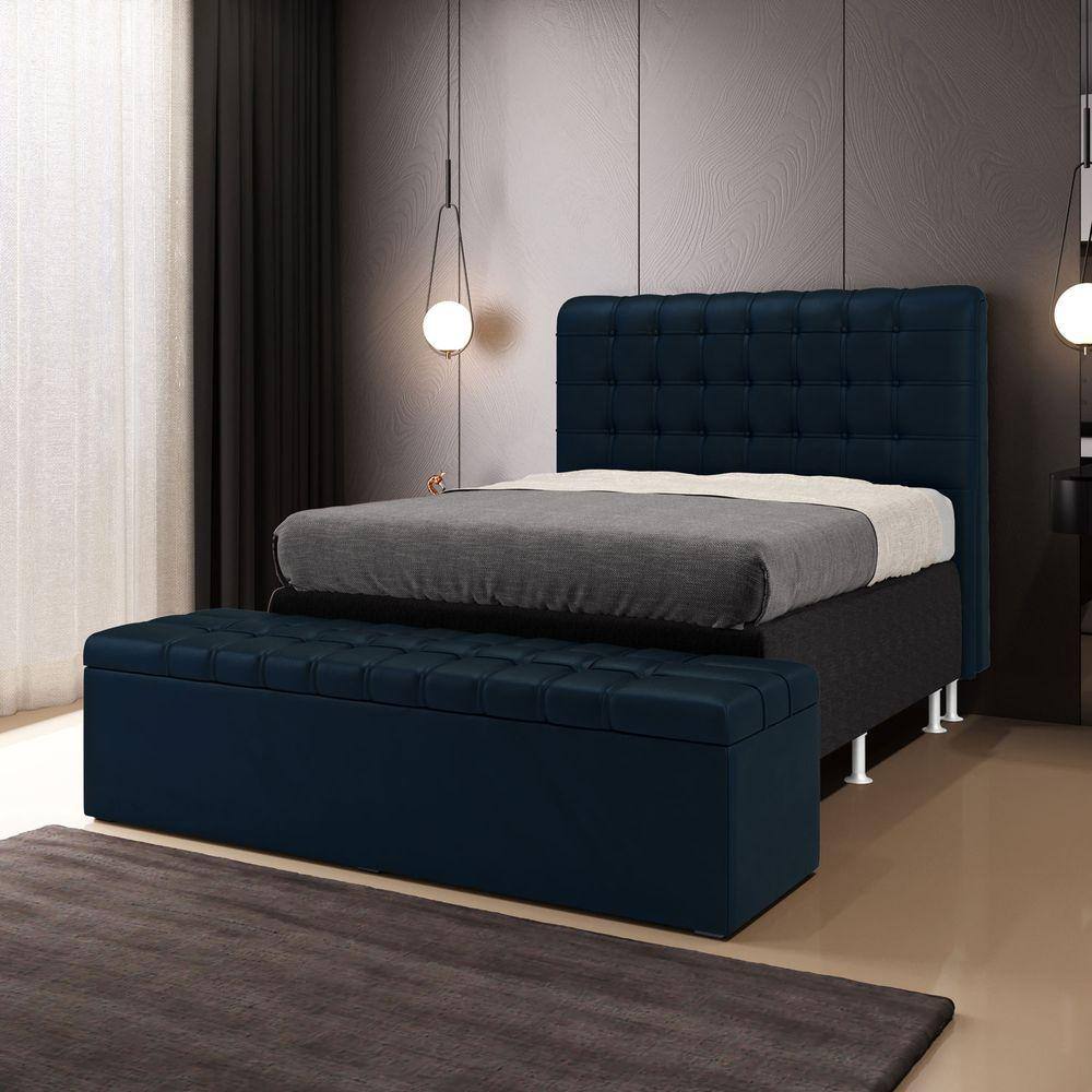 Kit Cabeceira Rana 160 Queen e Calçadeira Alpha N-025 Veludo Azul Marinho Aradecor