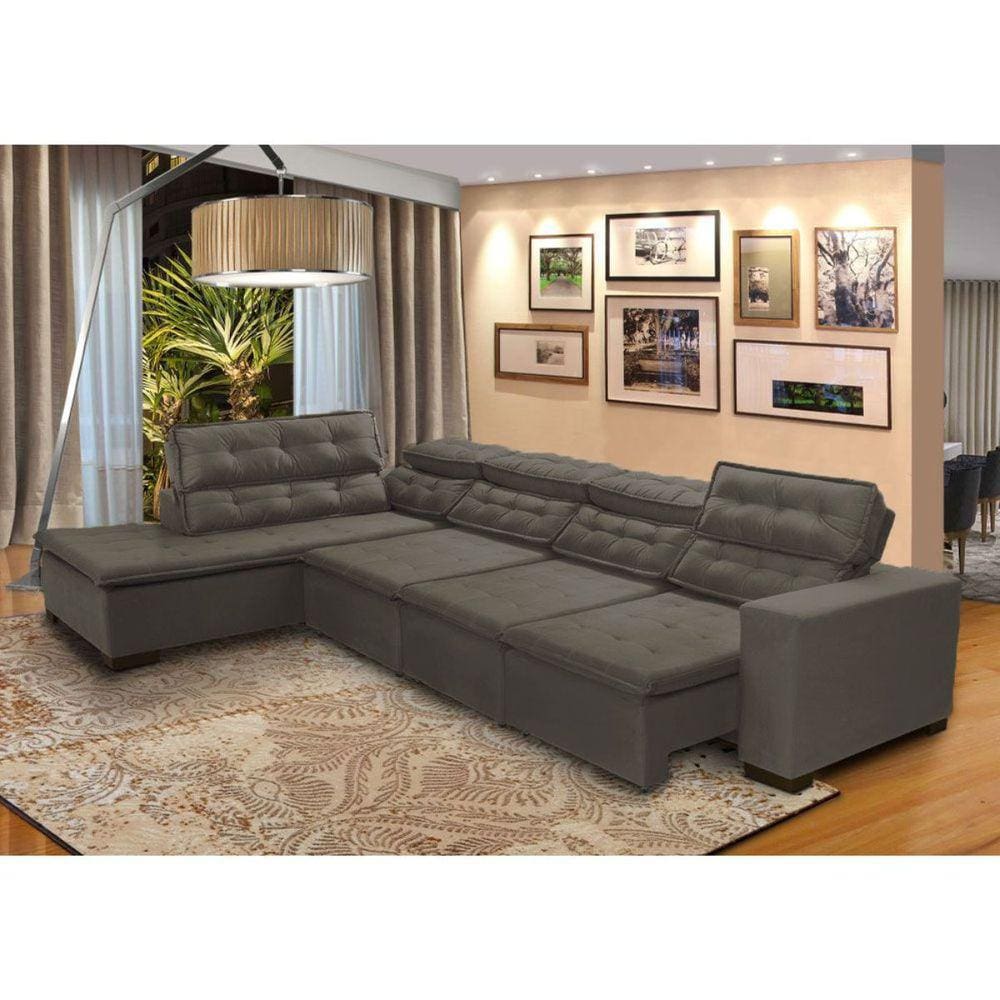 Sofá 7 Lugares de Canto Retrátil Reclinável Pillow Chaise D 3,60 X 2,20 m Sttilo Marrom513- MegaSul