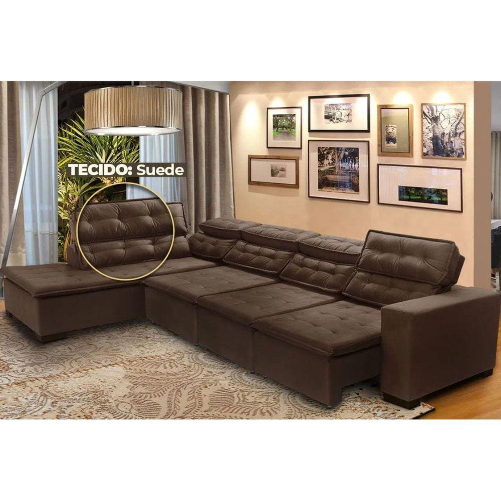 Sofá Canto Chaise D 7 Lugares Retrátil e Reclinável Pillow 360 x 220 cm Sttilo- TECIDO SUEDE - MegaSul Cor Marrom