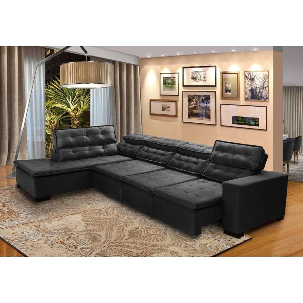 Sofá 7 Lugares de Canto Retrátil Reclinável Pillow Chaise D Sttilo 3,60 x 2,20 m Preto - MegaSul