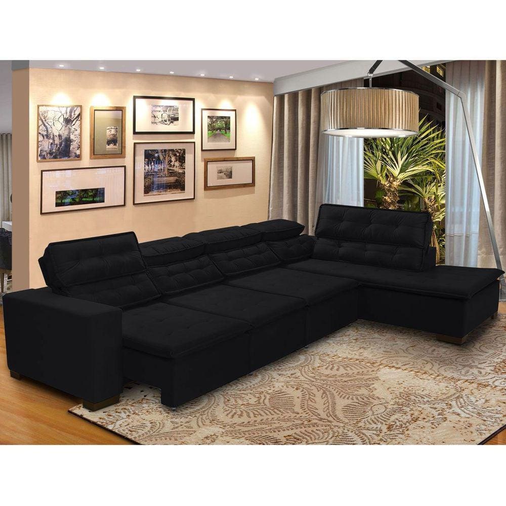 Sofá 7 Lugares Canto Assento Retrátil Pillow Chaise E 3,60 x2,20 m Sttilo PRETO - MegaSul