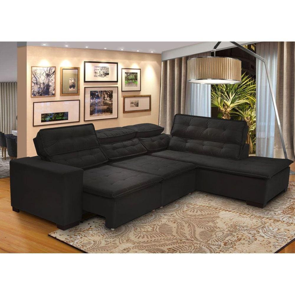 Sofá 5 Lugares Canto 2,80x2,20 m Sttilo Retrátil e Reclinável Chaise E Pillow e Molas PRETO - Megasul
