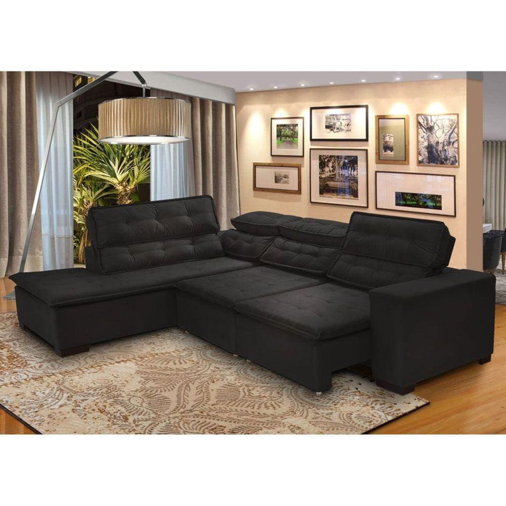 Sofá 5 Lugares Canto 2,80x2,20 m Sttilo Retrátil e Reclinável Chaise D Pillow e Molas PRETO - Megasul