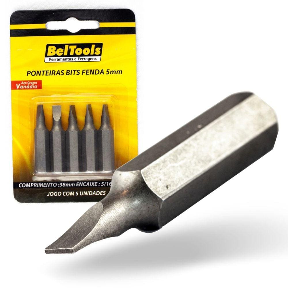 Kit 5 Ponta Bit Fenda CV 38mm x 5/16 x 5,0mm Beltools