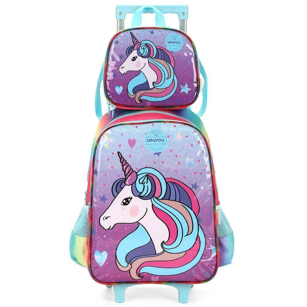 Kit Mochila Rodinhas Lancheira Luxcel Up4You Unicórnio Azul
