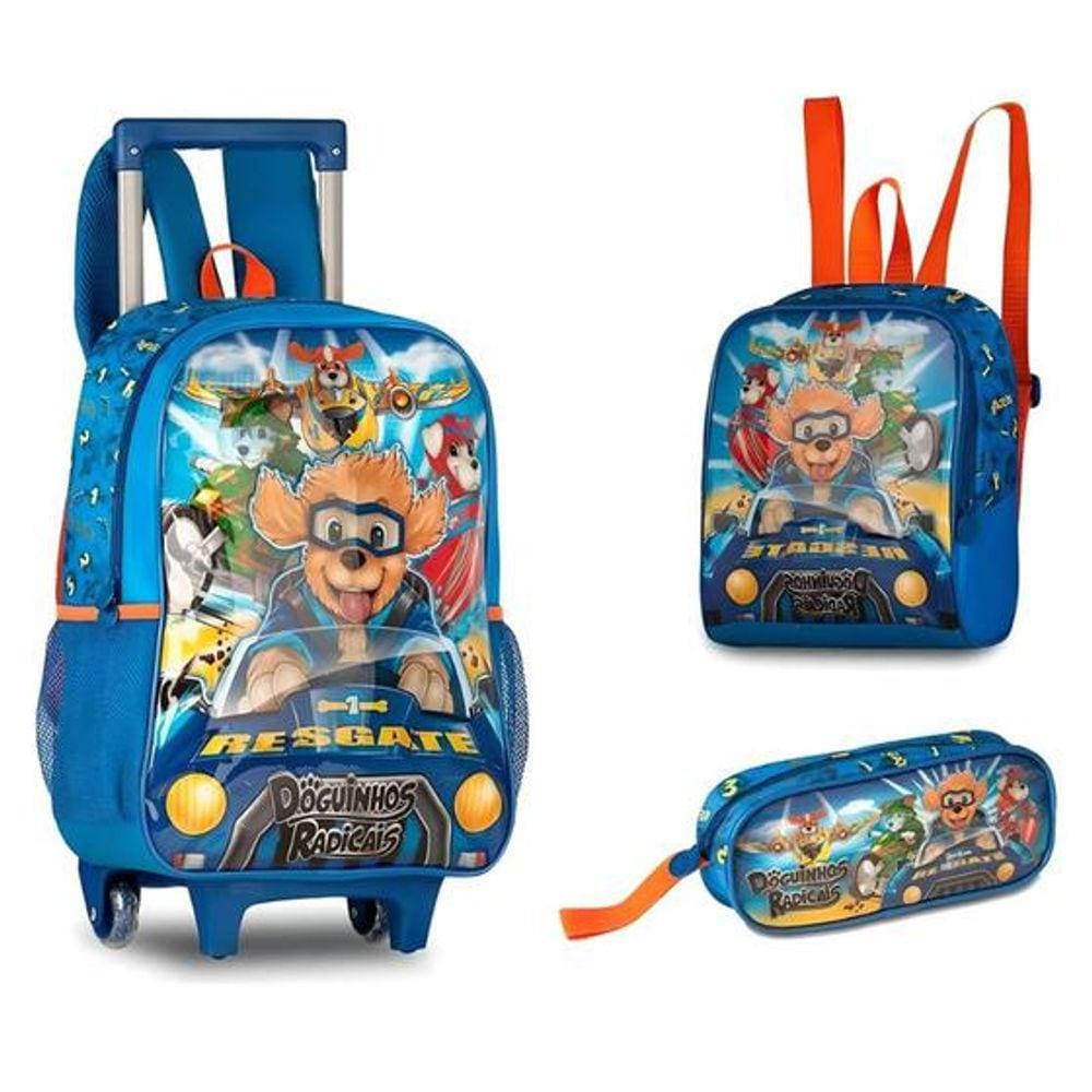 Kit Mochila de Rodinhas 40cm Doguinhos Radicais Lancheira Estojo - Clio DR23067KT
