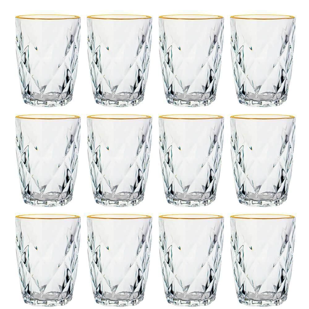 Jogo Copos Vidro Diamond Fio Ouro 270Ml 12 Peças Lyor