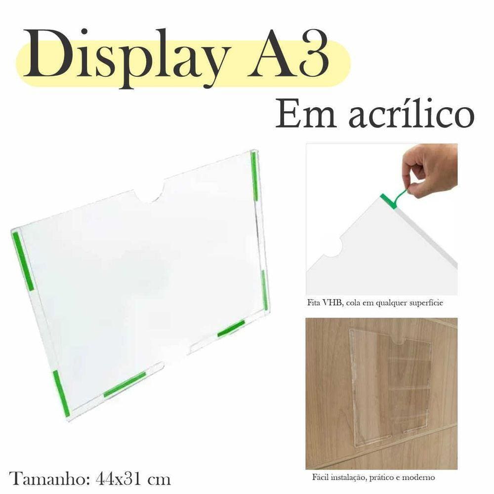 Display Parede Quadro Avisos Porta Folhas A3 Acrílico Horiz