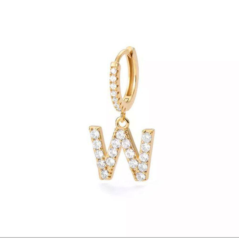 Brinco Dourado Inicial Alfabeto Letra W Argola Strass S1635