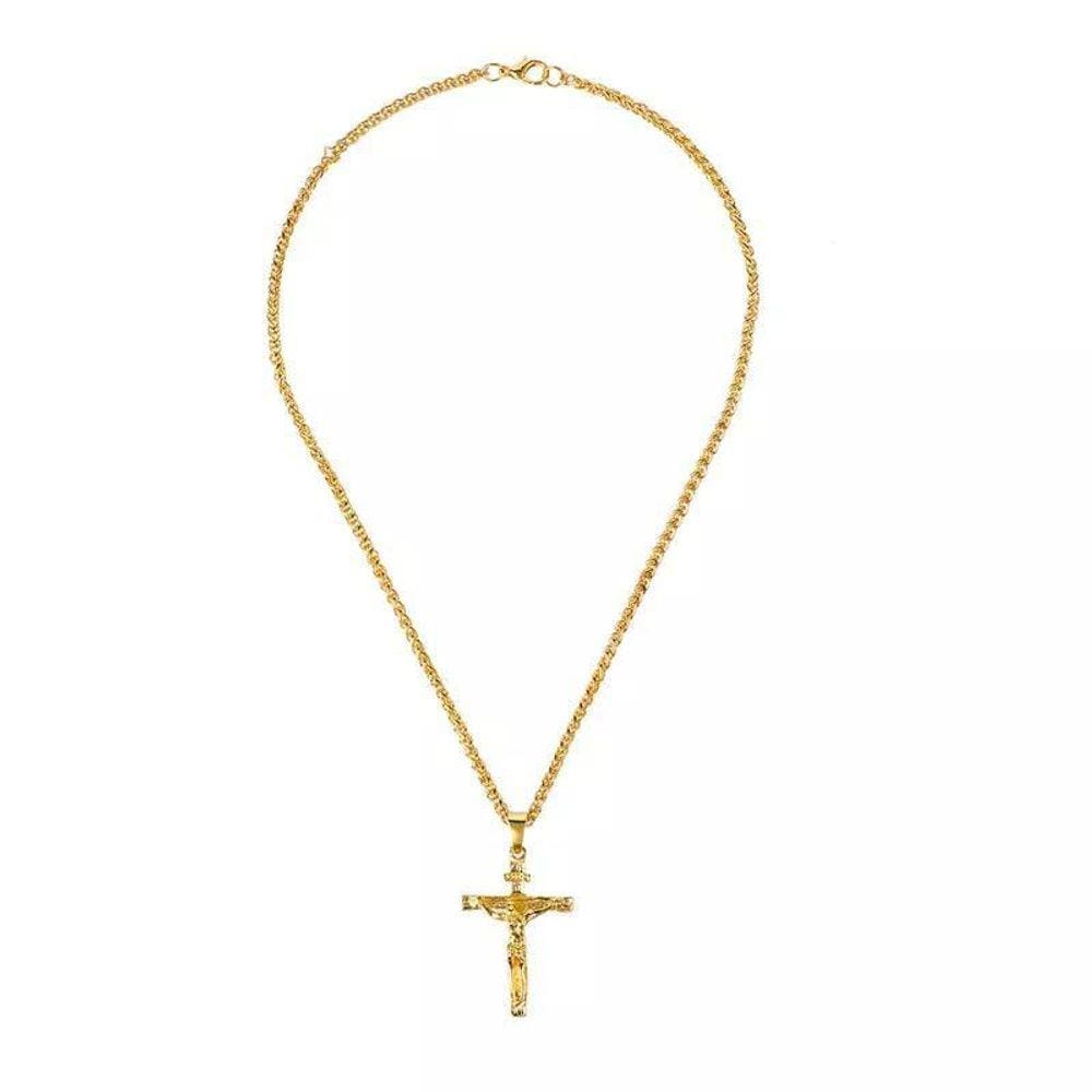 Colar Cruz Crucifixo Corrente Pingente Cristo Jesus Dourado