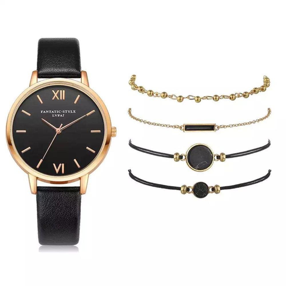 Conjunto 5 Peças Relógio Pulseiras Preto V3795