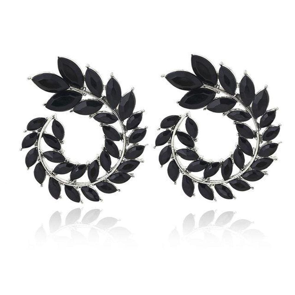 Brinco Par Cristal Strass Folhas Preto E2484
