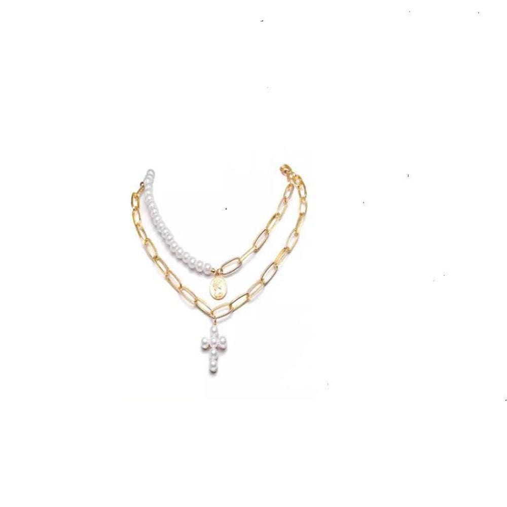 Colar Dourado 2 Peças Corrente Pérola Pingente Cruz Medalhão