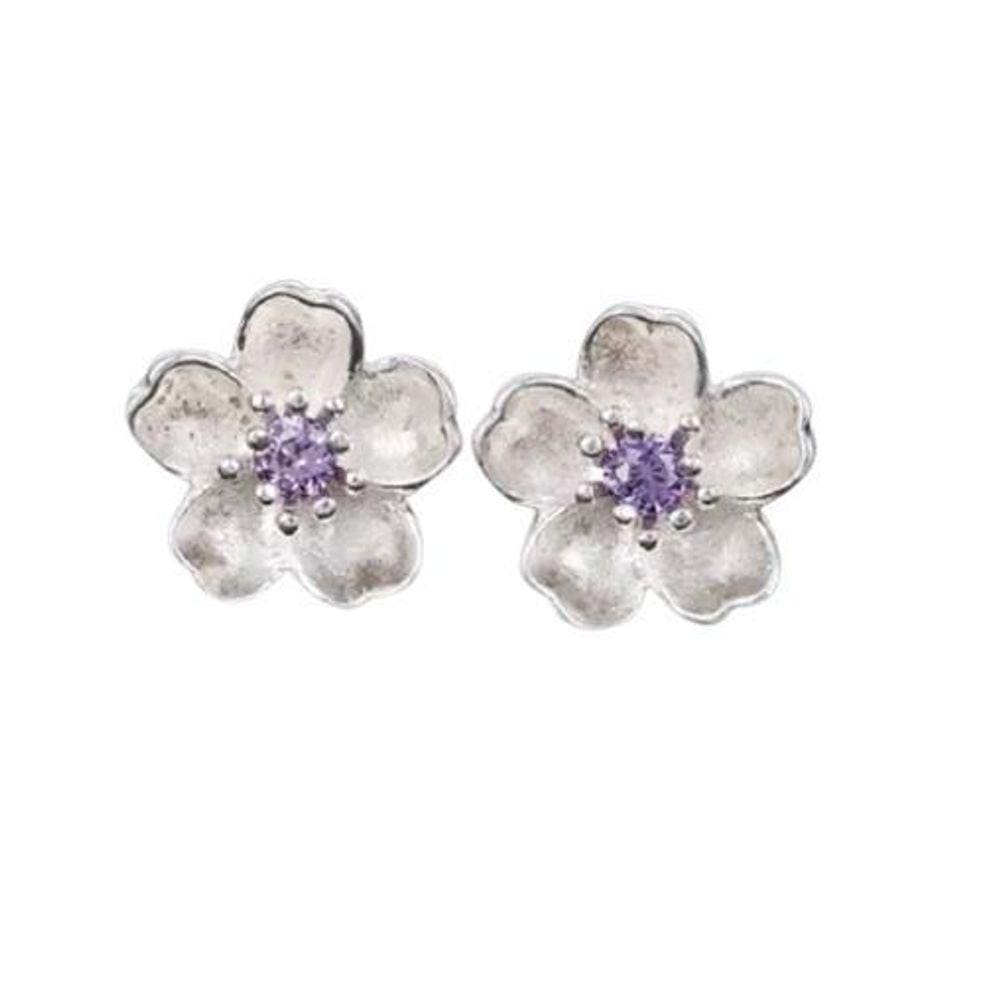 Brinco Flor Prateado Branco Detalhes Pedra Roxa