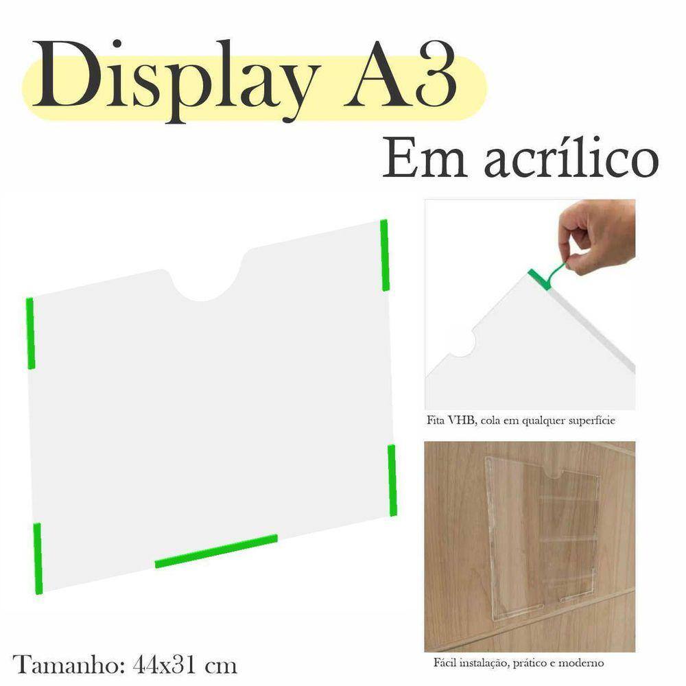 2 Display Parede Quadro Avisos Porta Folha A3 Acrílico Horiz