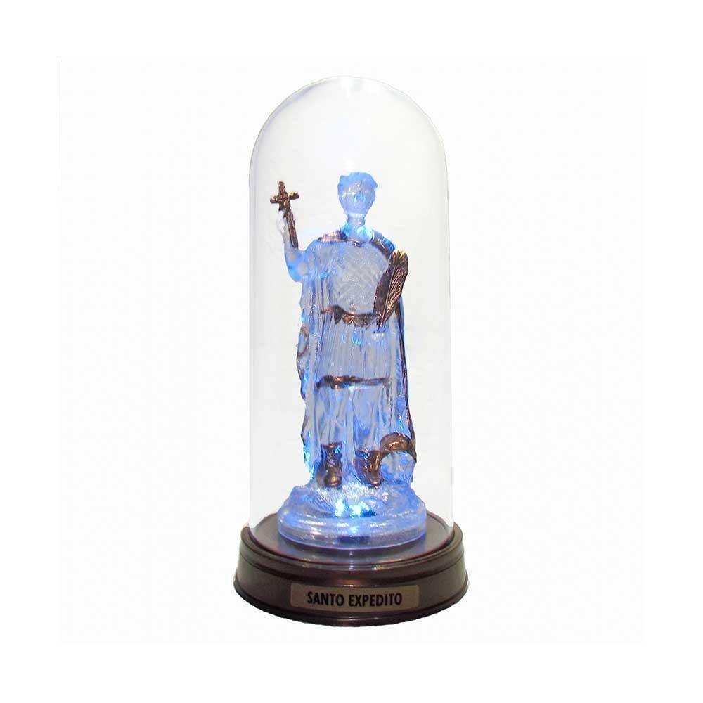Luminária Imagem Santo Expedito Com Redoma E Luzes Led Azul