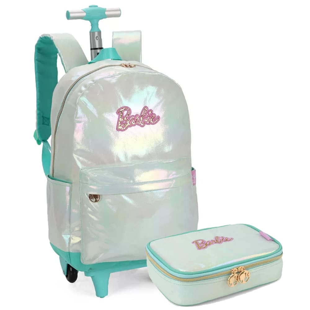 Mochila de Rodinhas e Estojo Verde Barbie Brilhante Luxcel