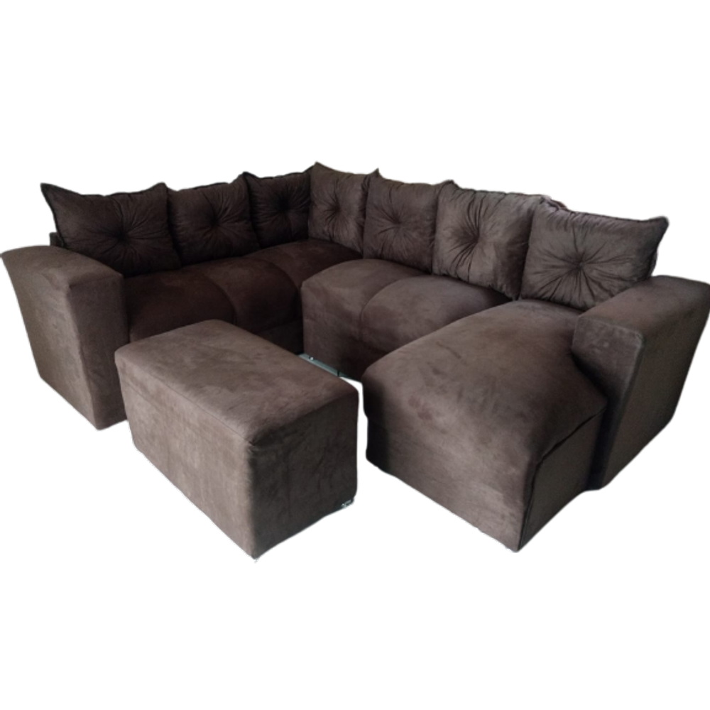 Sofá de Canto com Chaise + Puff Marrom