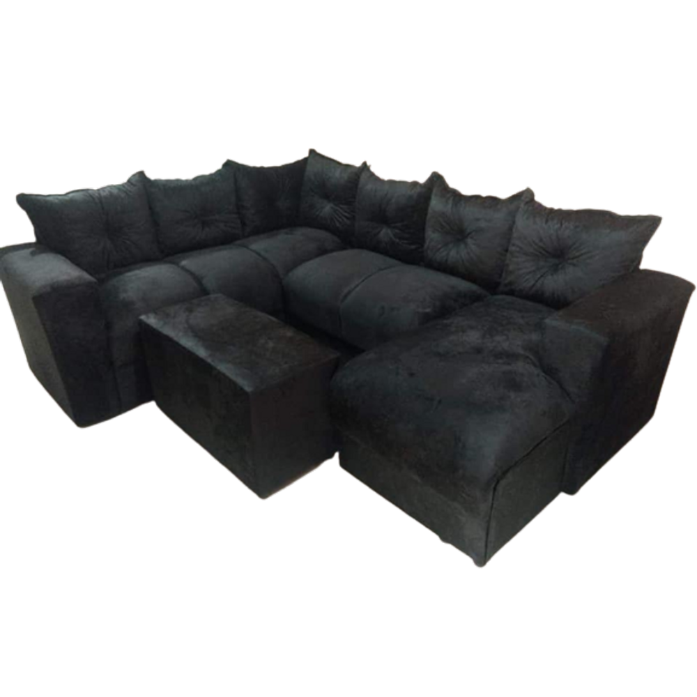 Sofá de Canto com Chaise + Puff Preto