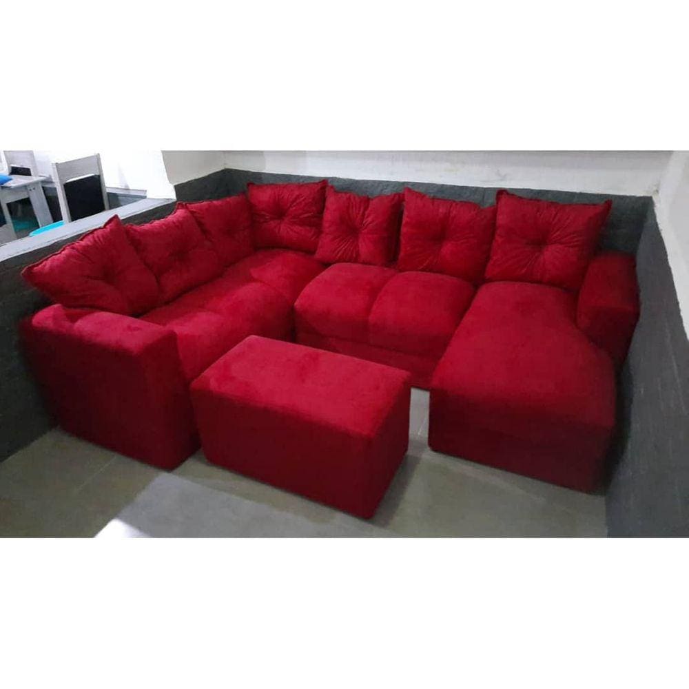 Sofá de Canto com Chaise + Puff Vermelho