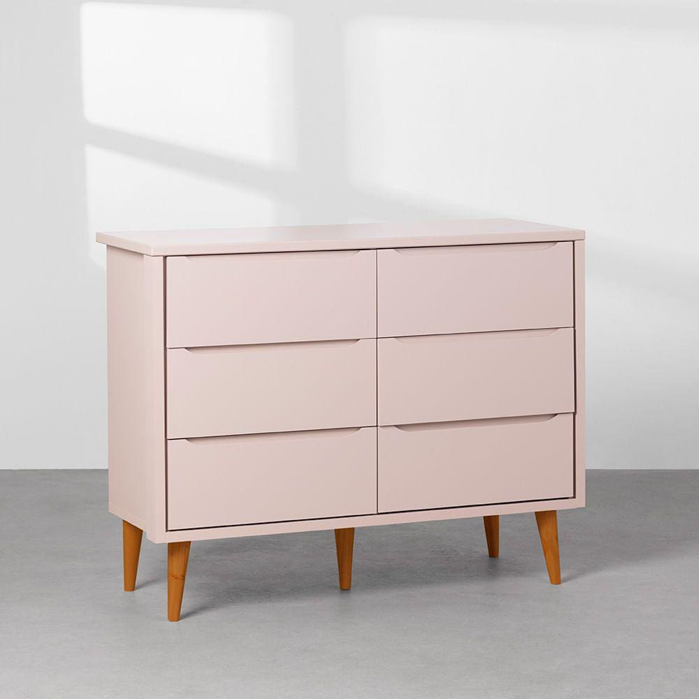Cômoda Retrô Theo 6 Gavetas Com Pés Em Madeira - Rosa