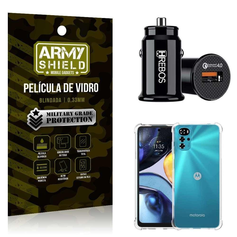Carregador Veicular Turbo Com Capinha Moto G22 E Película 3D