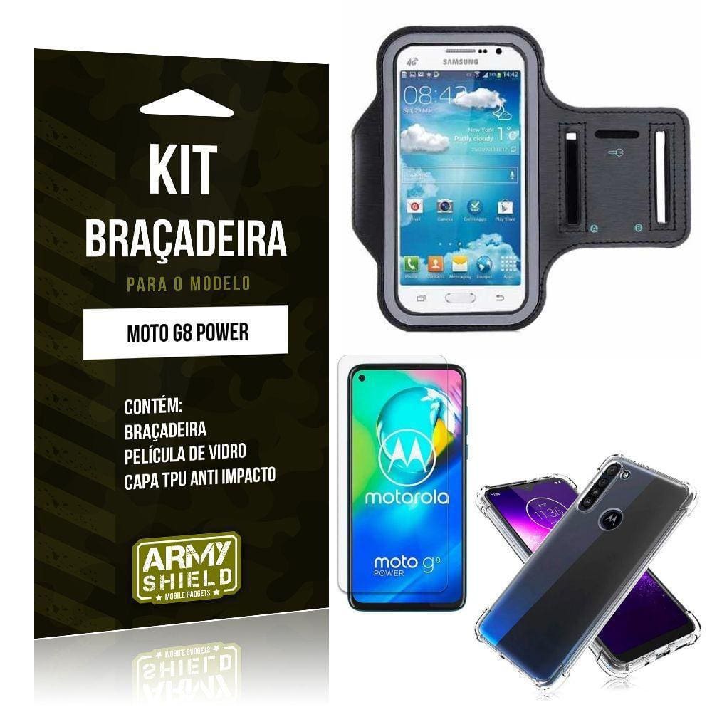 Braçaira Sporte Moto G8 Power + Capinha + Película Vidro