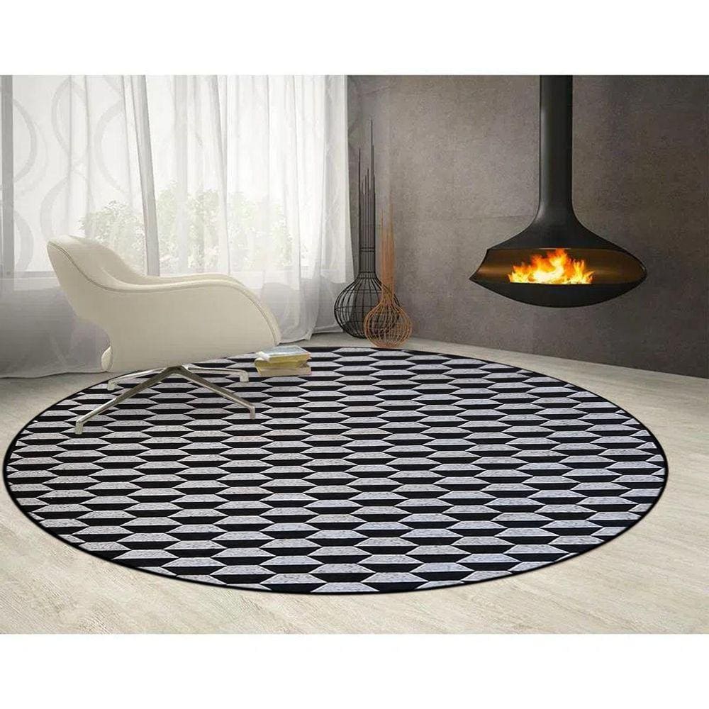 Tapete Para Sala Redondo 1,5M Colmeia Preto Prata Geometrico