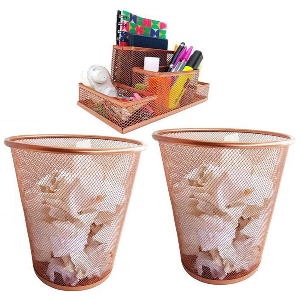 Lixeira E Kit Organizador De Mesa Rose Gold Escritório